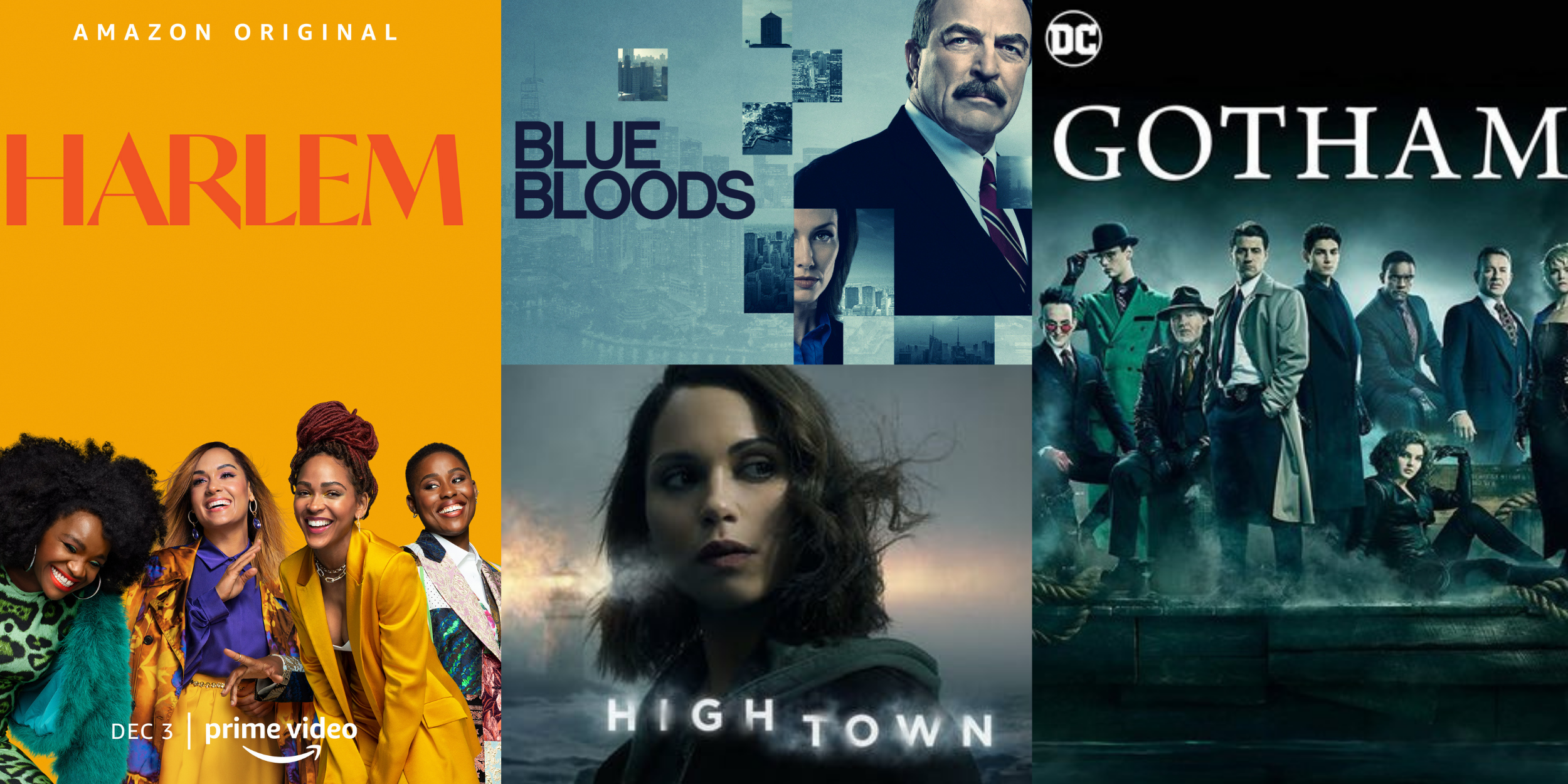 Posters for TV shows Harlem, Blue Bloods, Hightown, and Gotham, cast by Josy Rodriguez